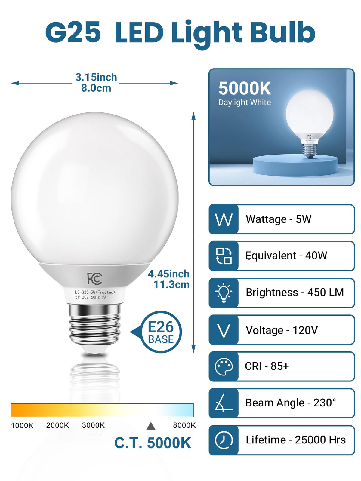 TJOY G25 LED globe bulb with 5000K daylight ideal for color-accurate makeup.