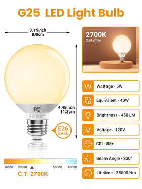TJOY G25 globe bulb in bathroom sconce producing a soft warm glow