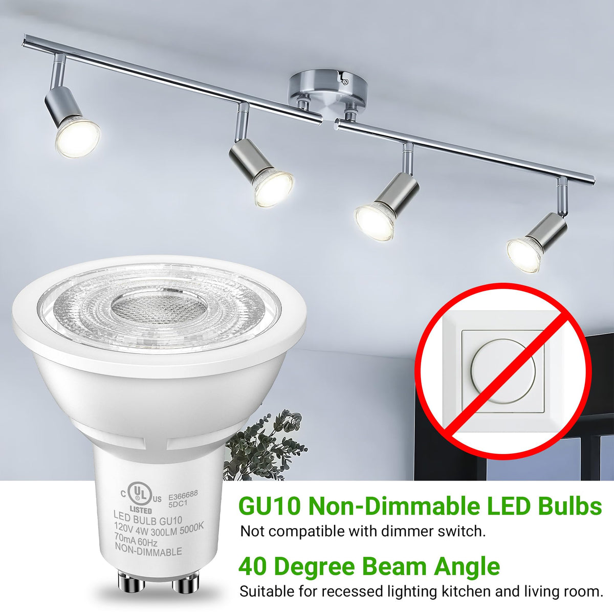 Track lighting setup with TJOY GU10 LED bulbs 40-degree beam