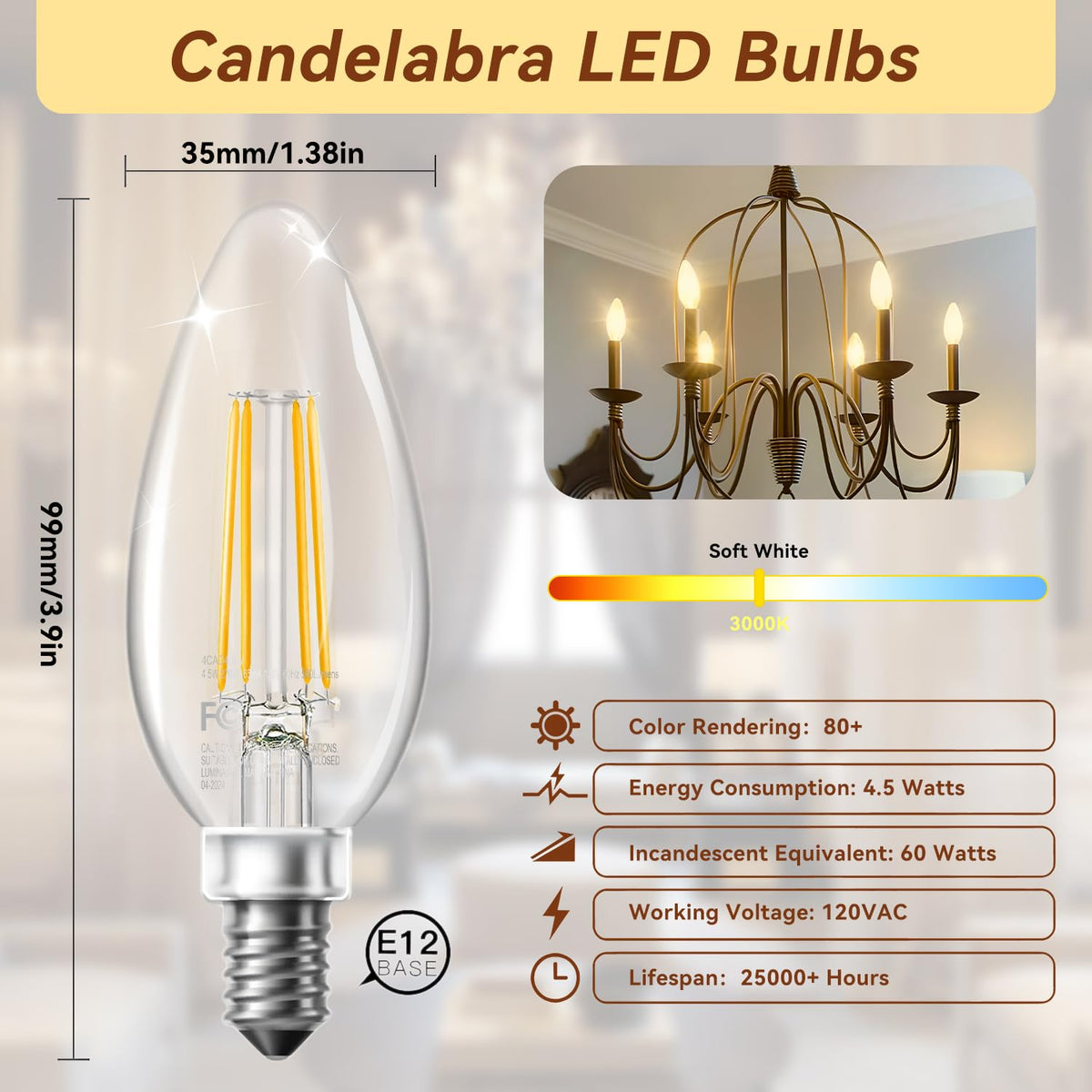 TJOY LED B11 vintage candle glow in clear glass for ceiling fixtures.
