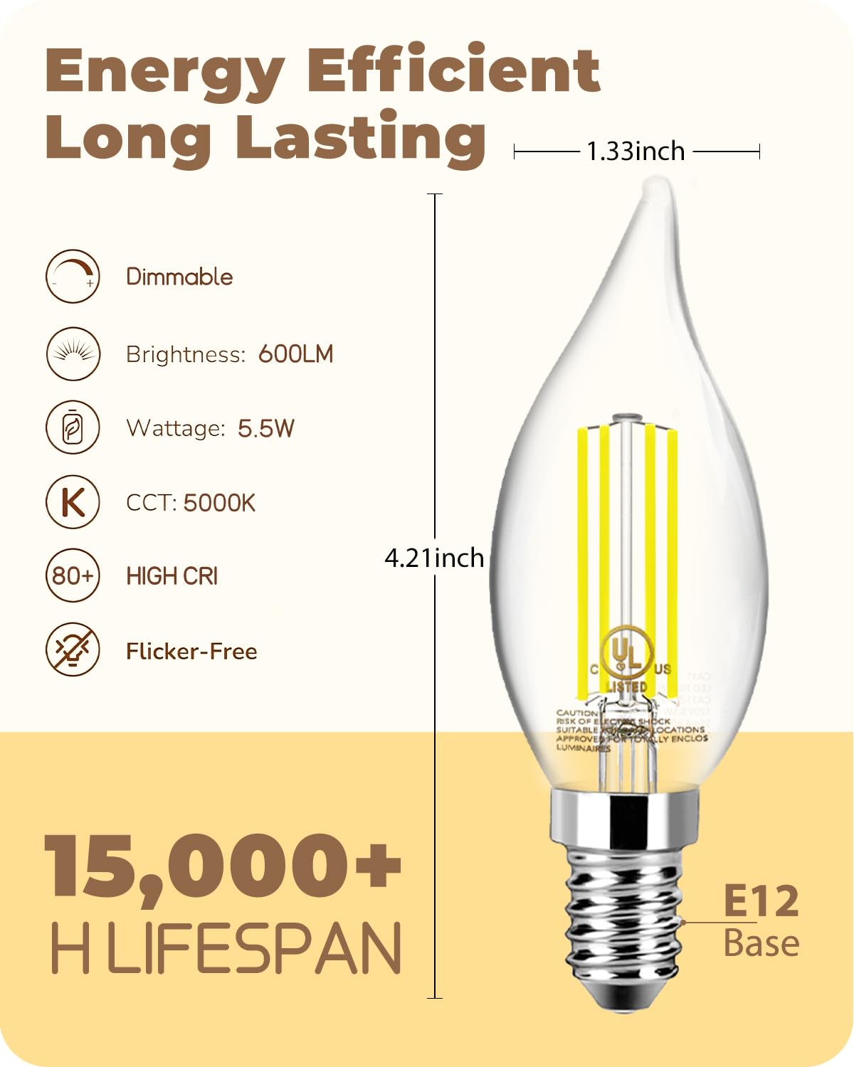 TJOY LED candelabra bulb emitting 5000K bright white light.
