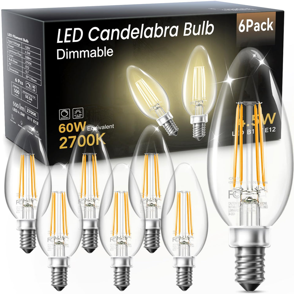 TJOY LED candelabra bulb with vintage filament for chandeliers and fans, warm glow