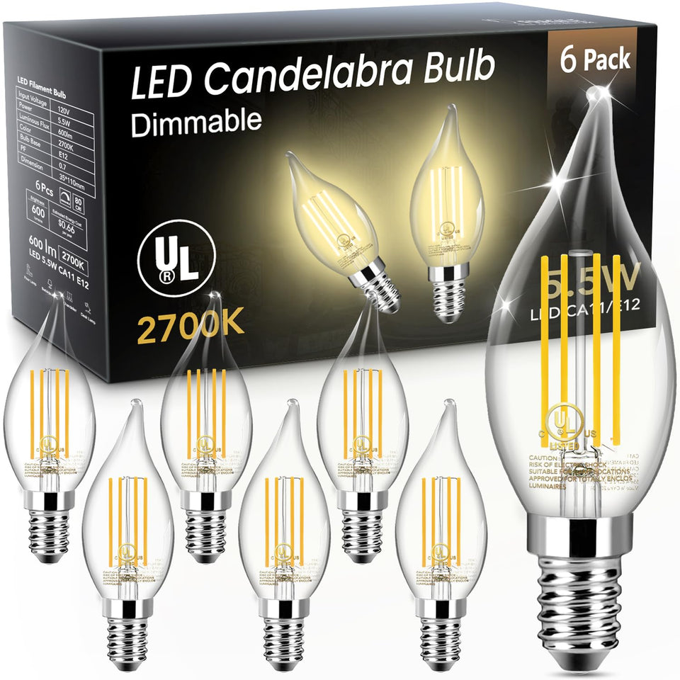 TJOY LED candelabra bulb with flame tip for elegant chandeliers and energy savings.
