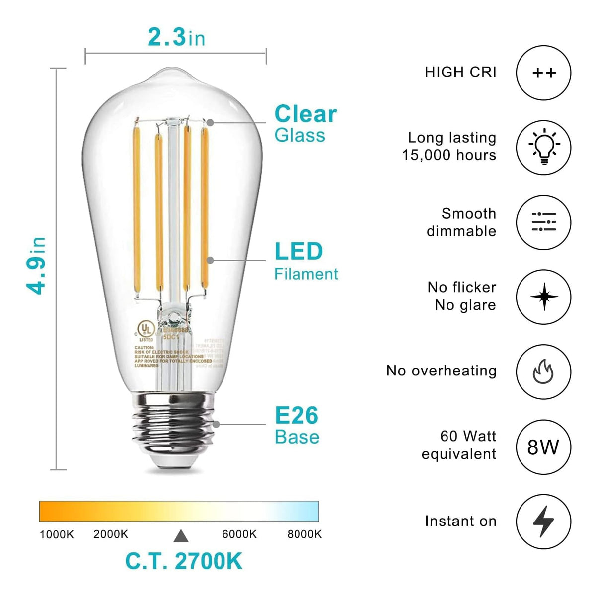 TJOY LED filament bulb with 800 lumens delivers bright, energy-efficient lighting.