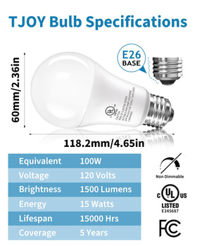 TJOY LED bulbs 100W-equivalent close-up highlighting bright, energy-efficient illumination.