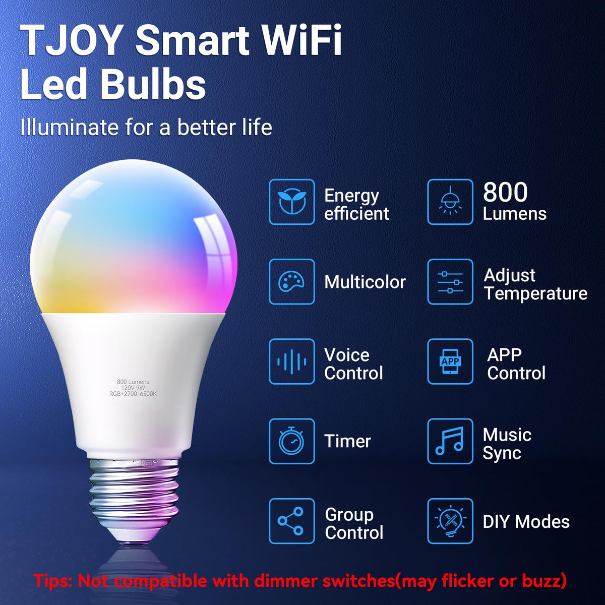 TJOY RGB color-changing bulbs showcasing dynamic hues for mood lighting