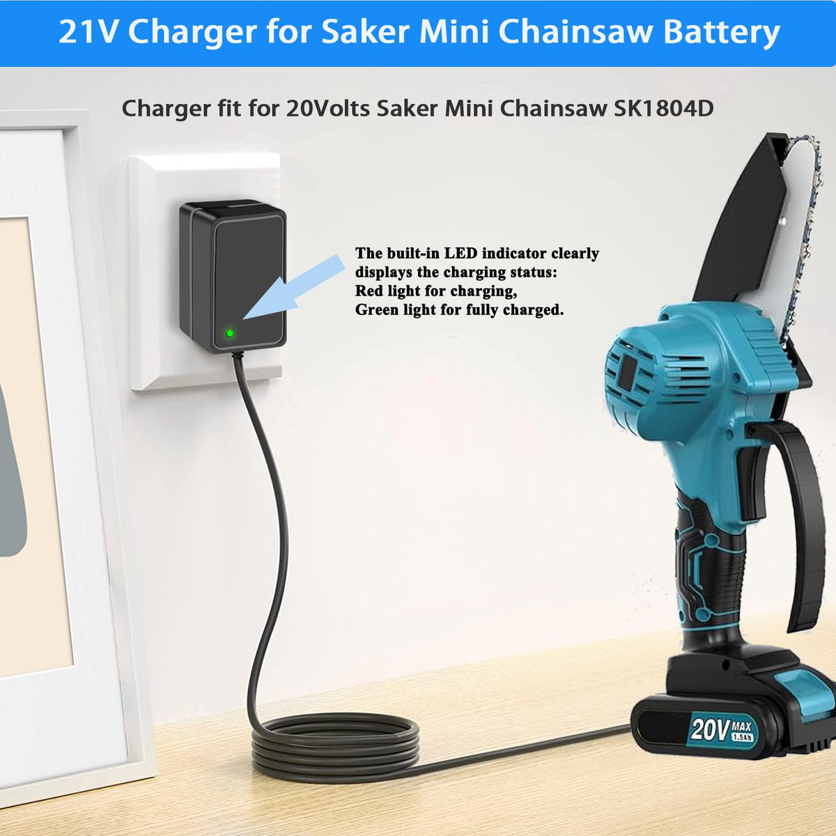 TKDY 21V charger with DC 5.5x2.5mm plug for broad compatibility.