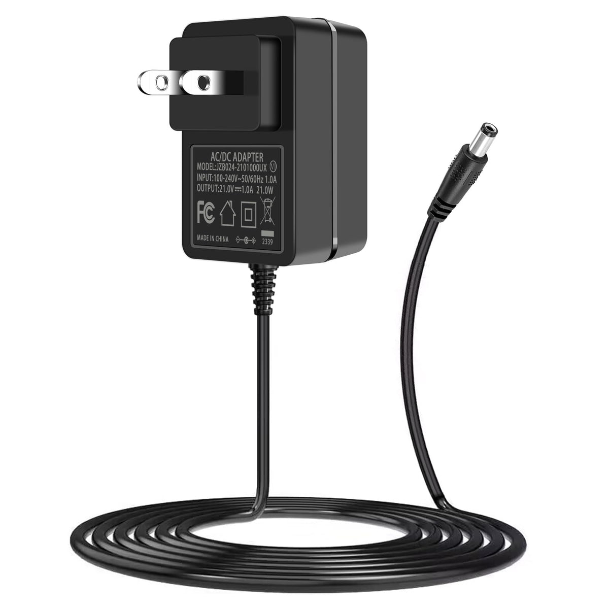 TKDY 21V battery charger front view, compact design for easy storage.