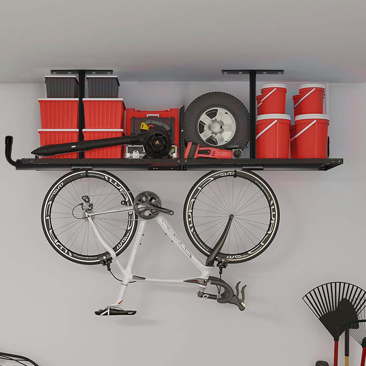 Tlence bike and sports gear storage saves space in garage.