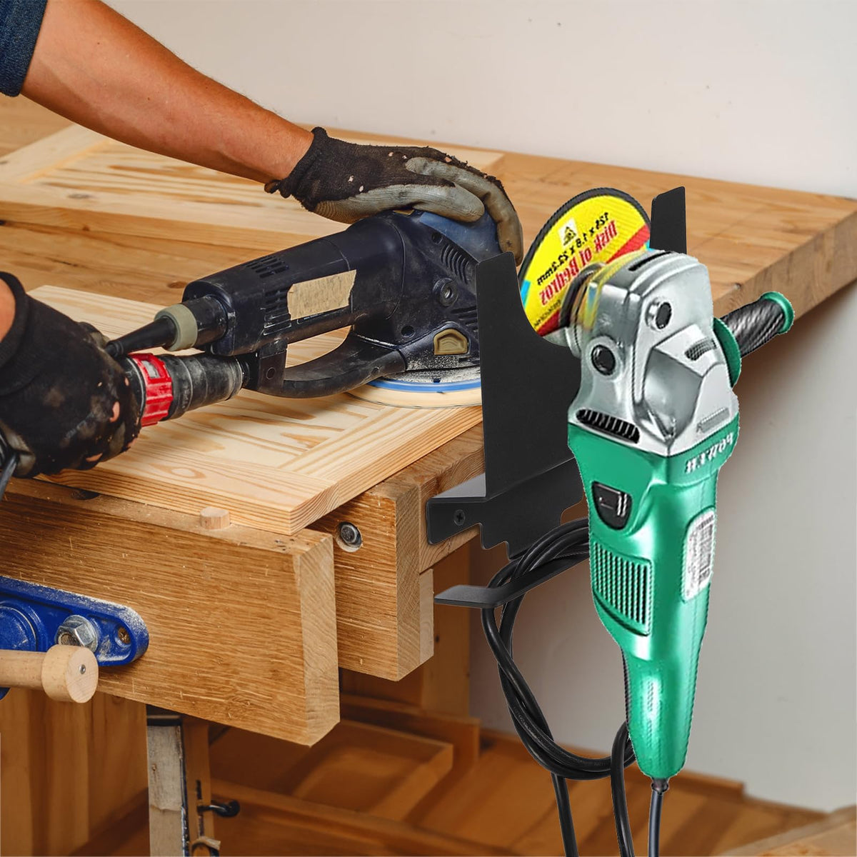 Tlence grinder hanger with cord hook organizes cables and accessories.