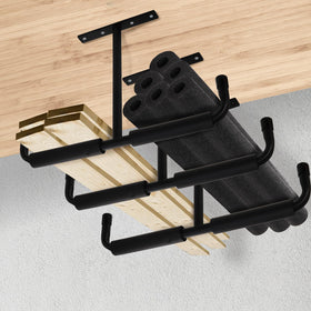 Tlence pipe and lumber holder organizes bulky materials overhead.