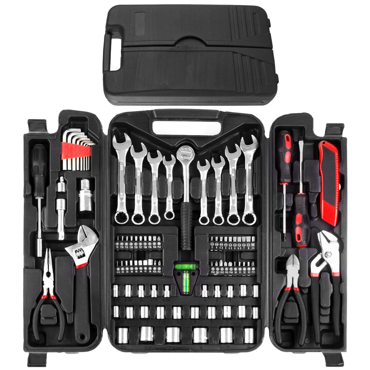 TLGREEN 95-piece tool set in red case for organized storage.