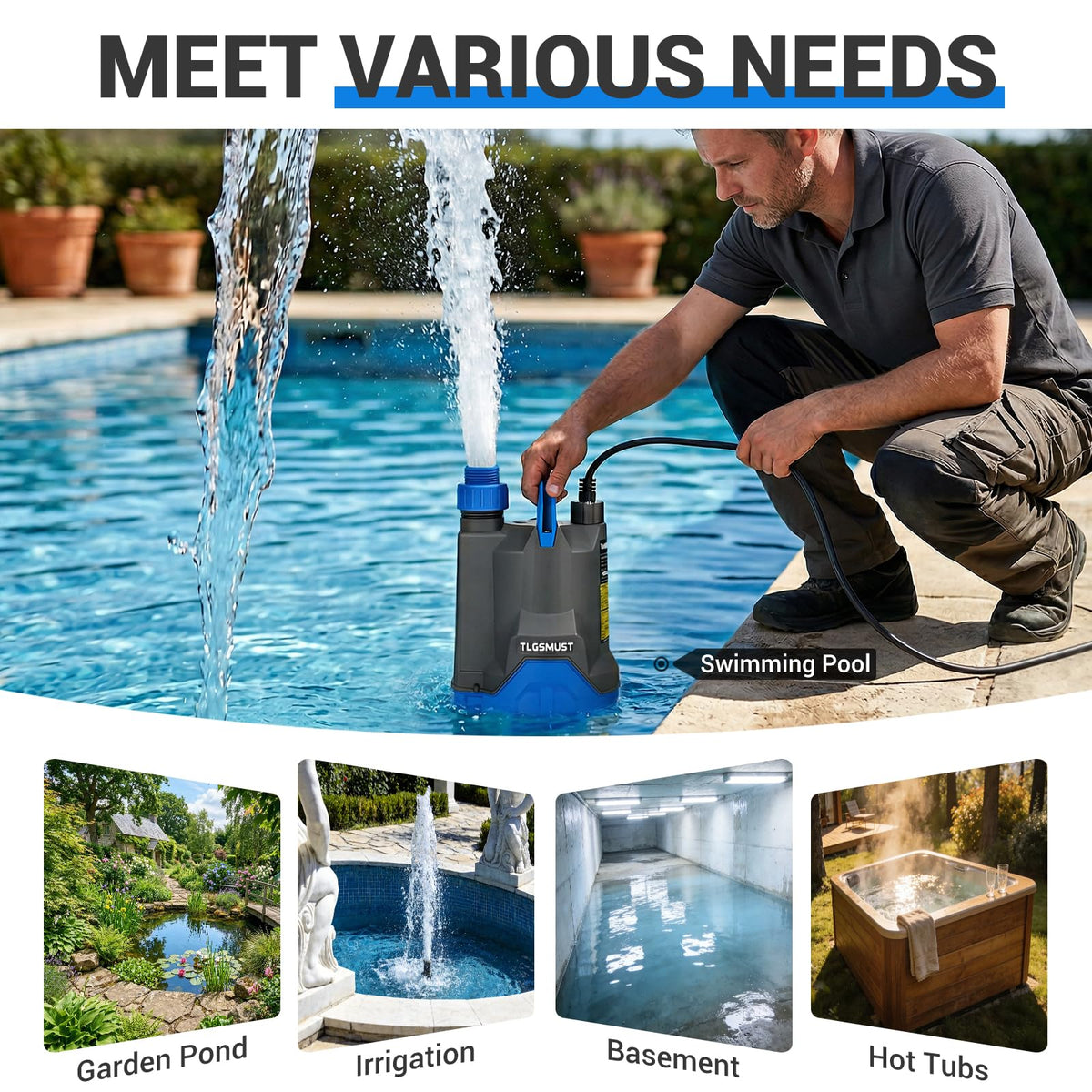 Tlgsmust pump with removable intake screen filters debris during draining, protecting the pump