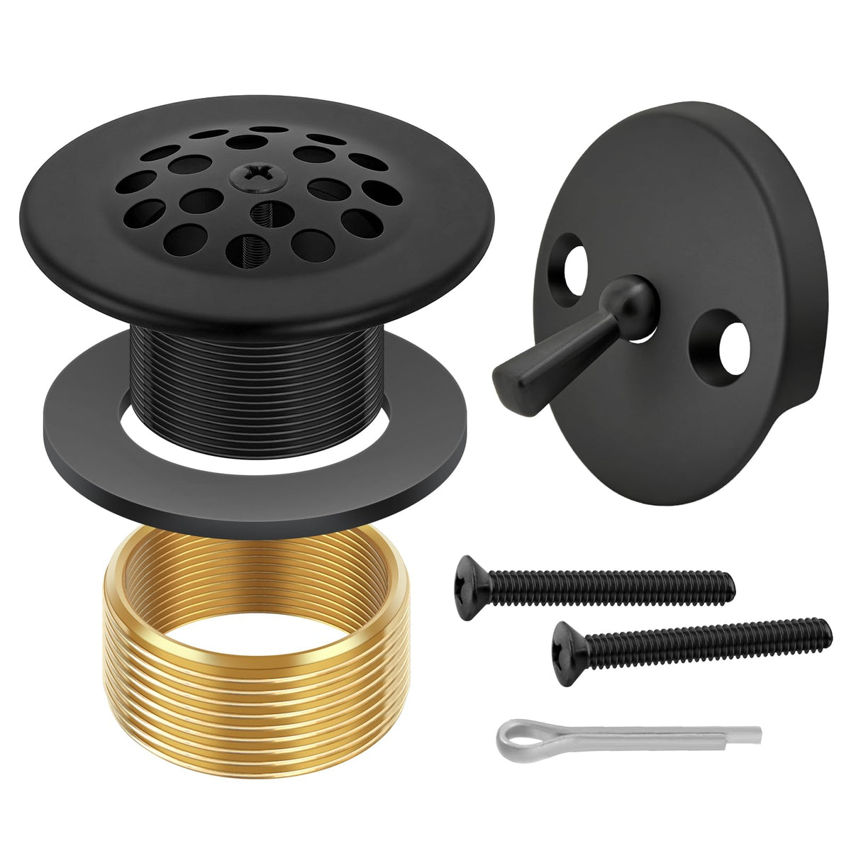 TLOZX matte black trip lever tub drain with overflow faceplate.