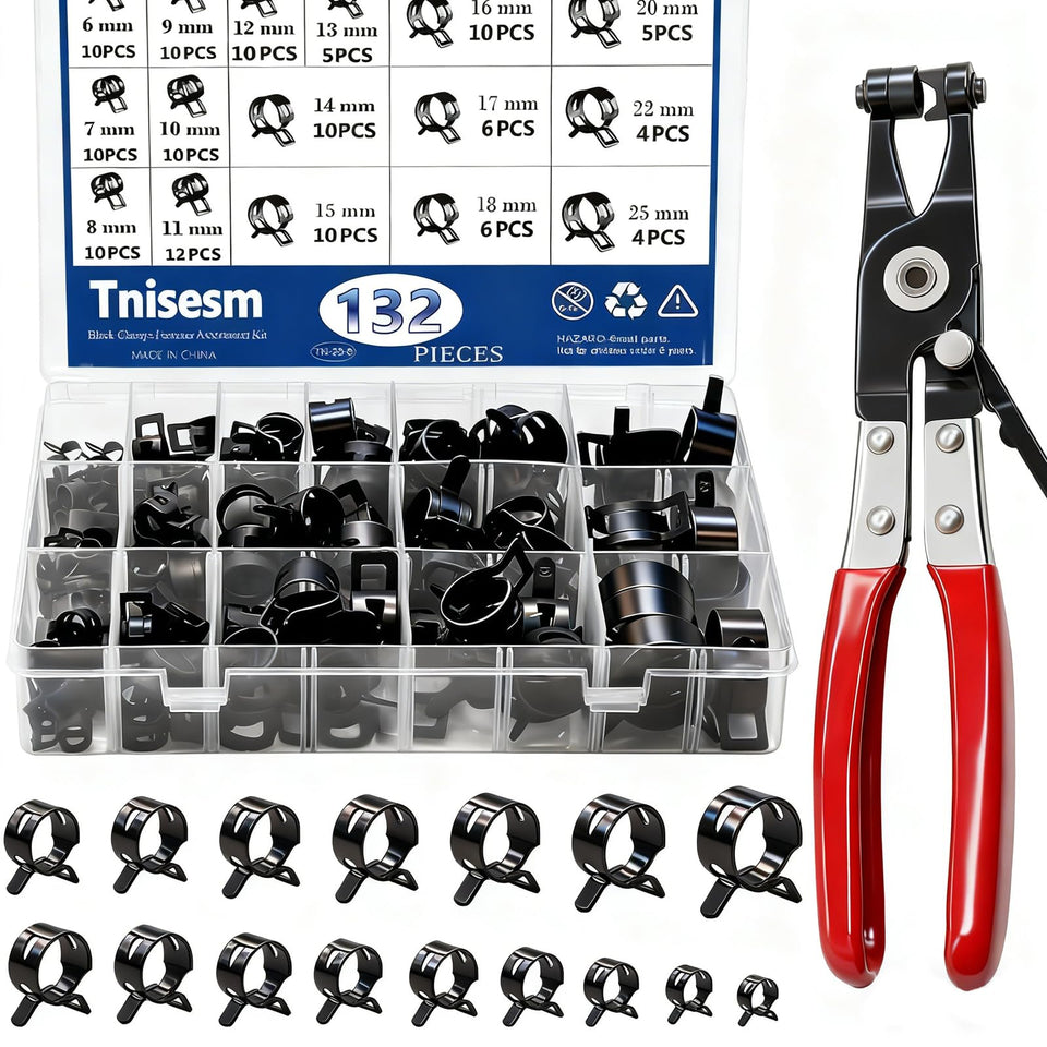 Tnisesm 132Pcs clamps neatly stored in box for quick sizing.