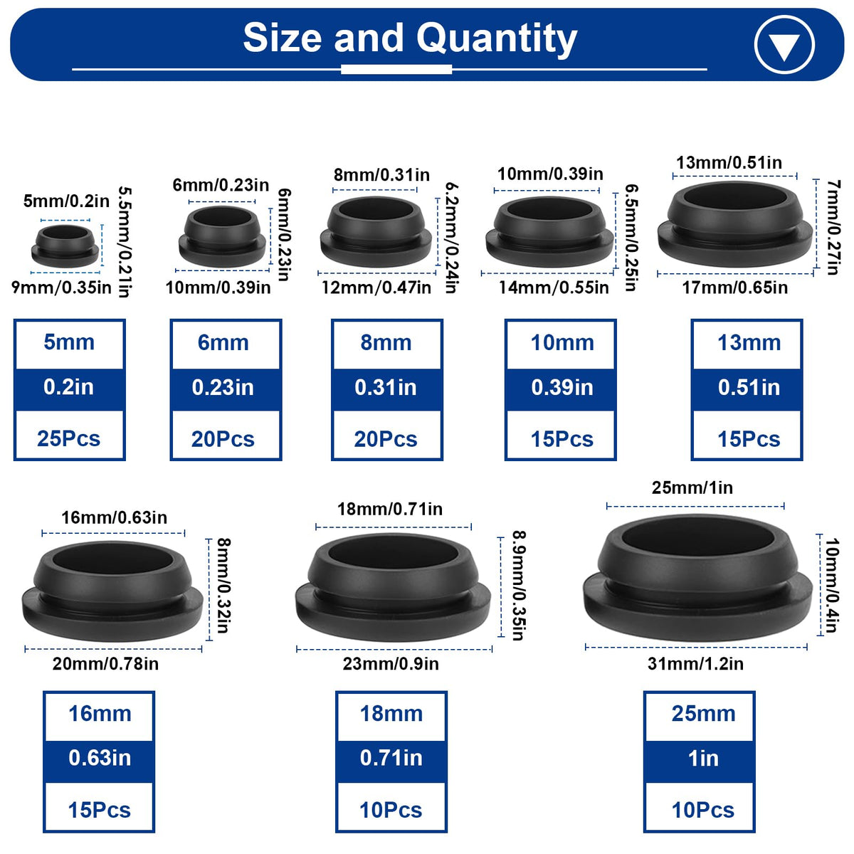 Eight sizes of Tnisesm silicone hole plugs for furniture holes