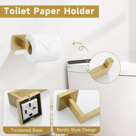 TNOMS brushed gold toilet paper holder provides reliable access and clean lines.