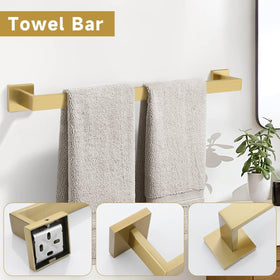 TNOMS brushed gold towel bar 23.6-inch adds sturdy storage and elegance.