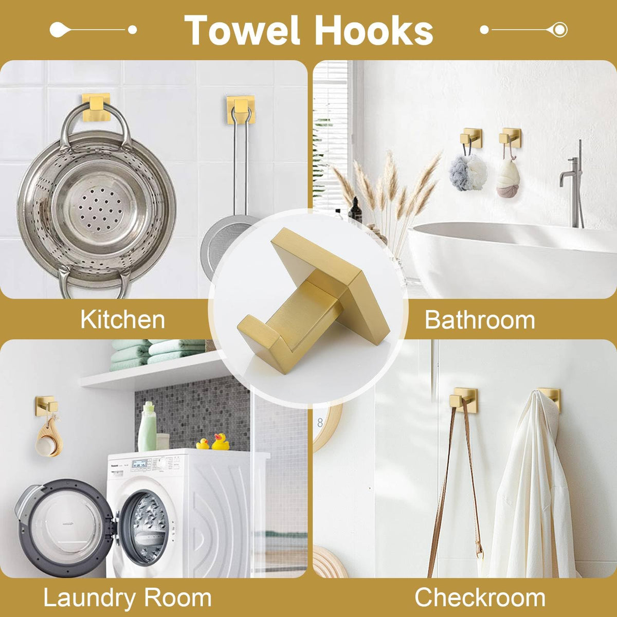 TNOMS brushed gold towel hooks offer versatile hanging space for towels.