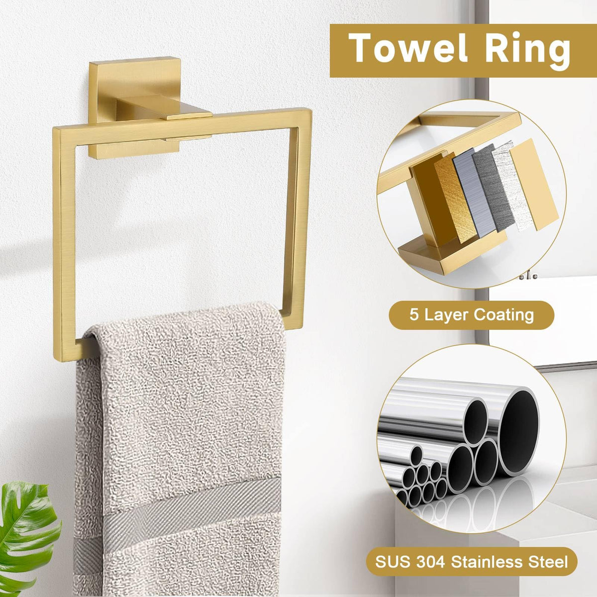 TNOMS brushed gold towel ring complements the set with compact daily convenience.