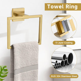 TNOMS brushed gold towel ring complements the set with compact daily convenience.