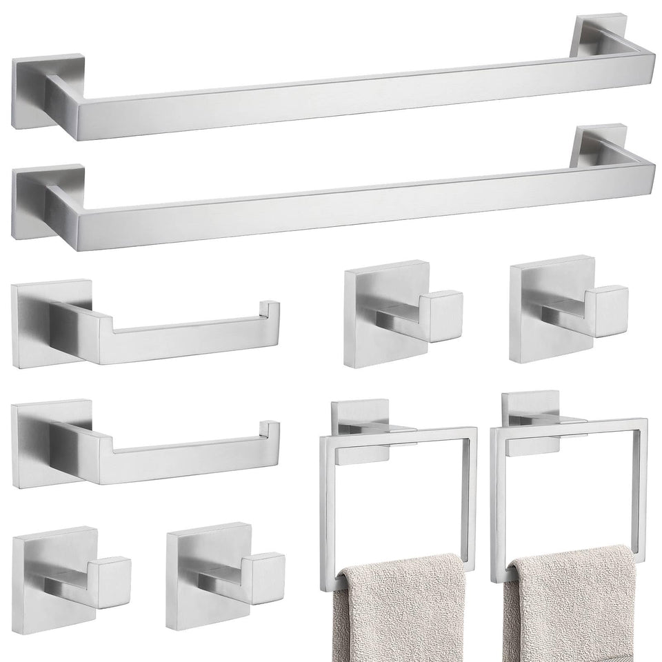 TNOMS brushed nickel 23.6-inch towel bar for durable, rust-resistant bathroom use