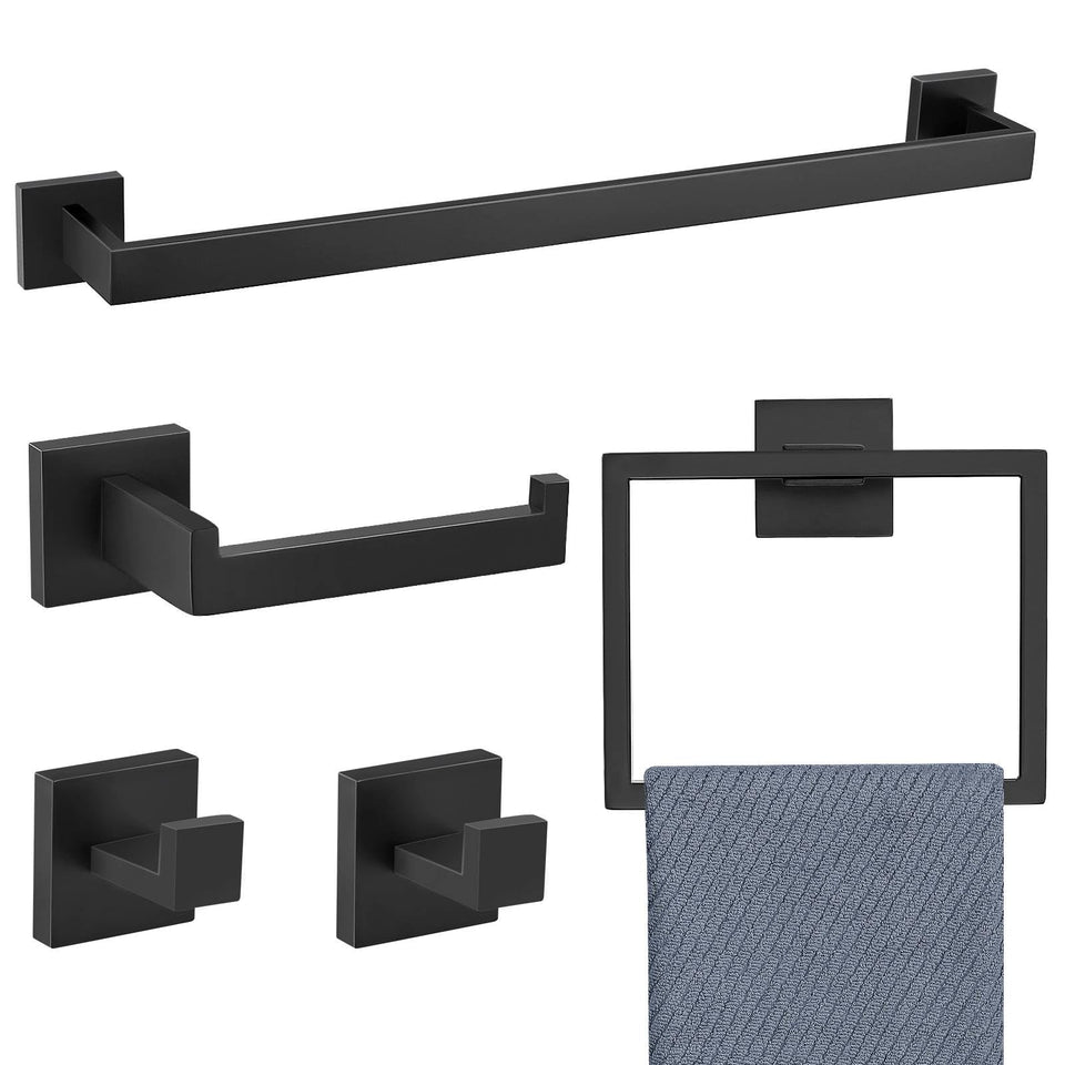 TNOMS five-piece matte black bathroom hardware set with towel bar for organized space