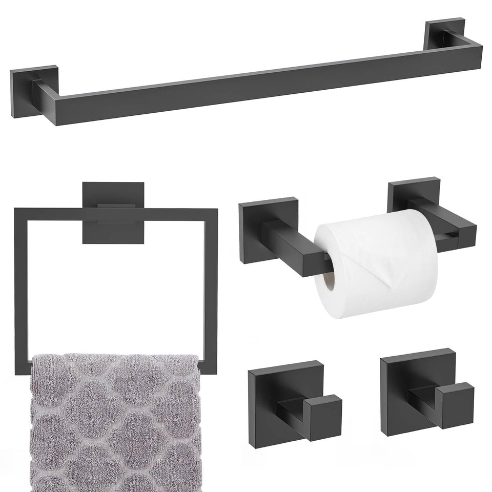 TNOMS matte black 5-piece towel bar set mounted on wall for modern bathroom organization