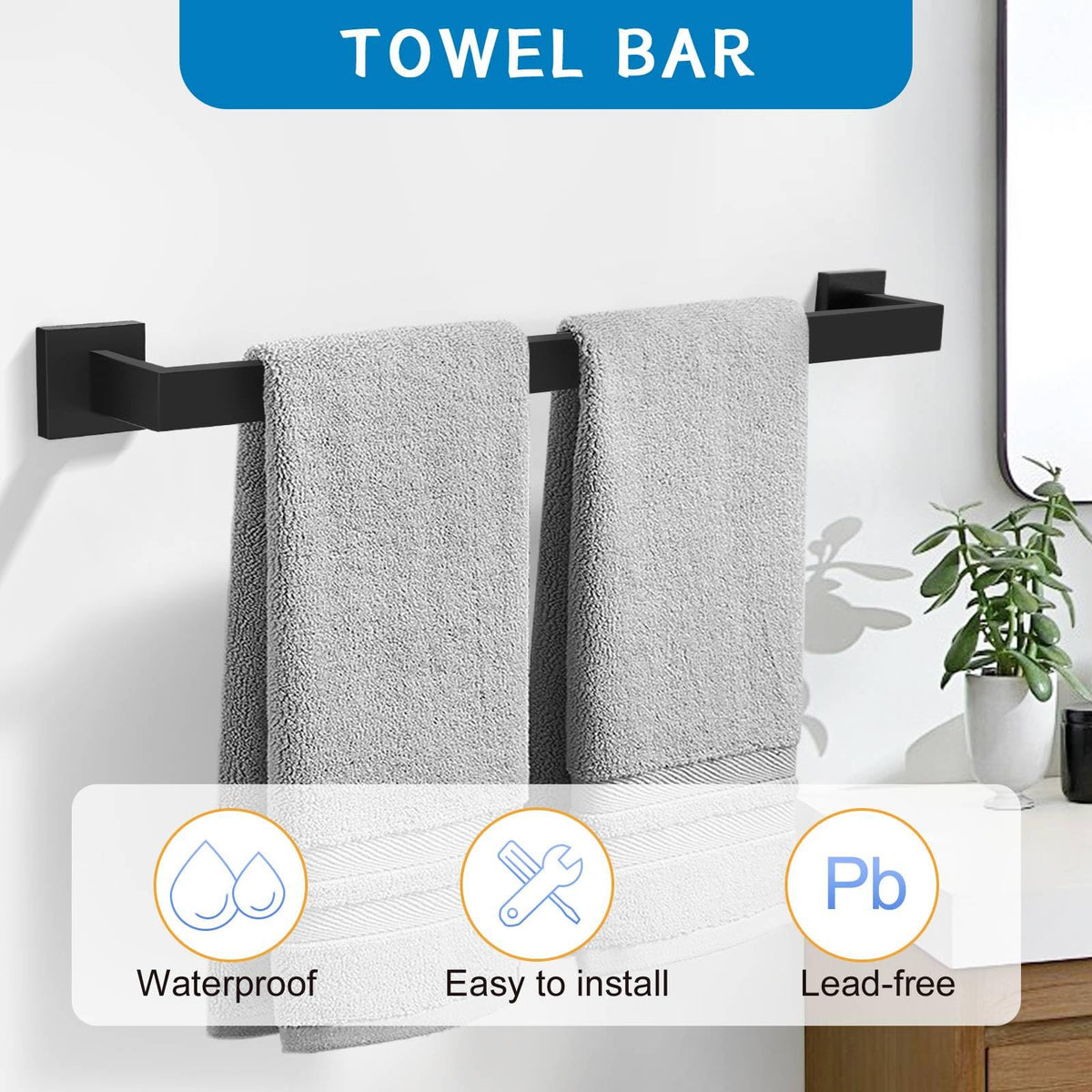 TNOMS wall-mounted towel holder in black provides easy access