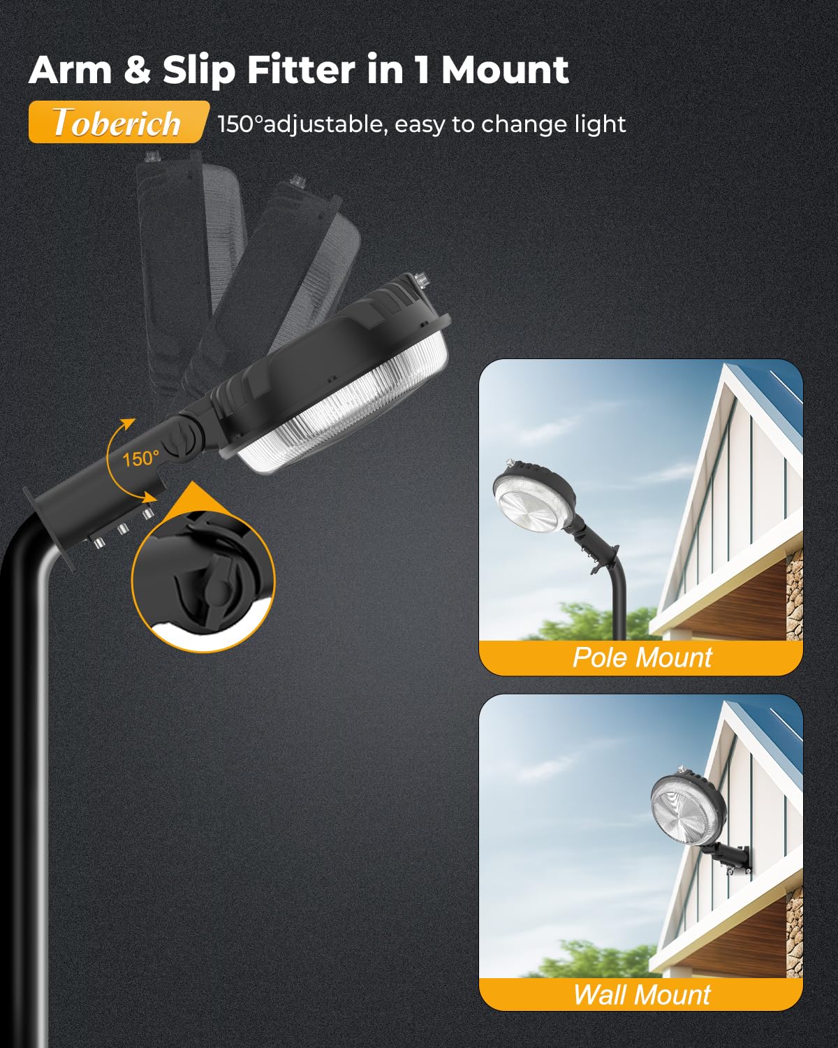 Toberich 150W, 20000LM output provides broad area illumination.