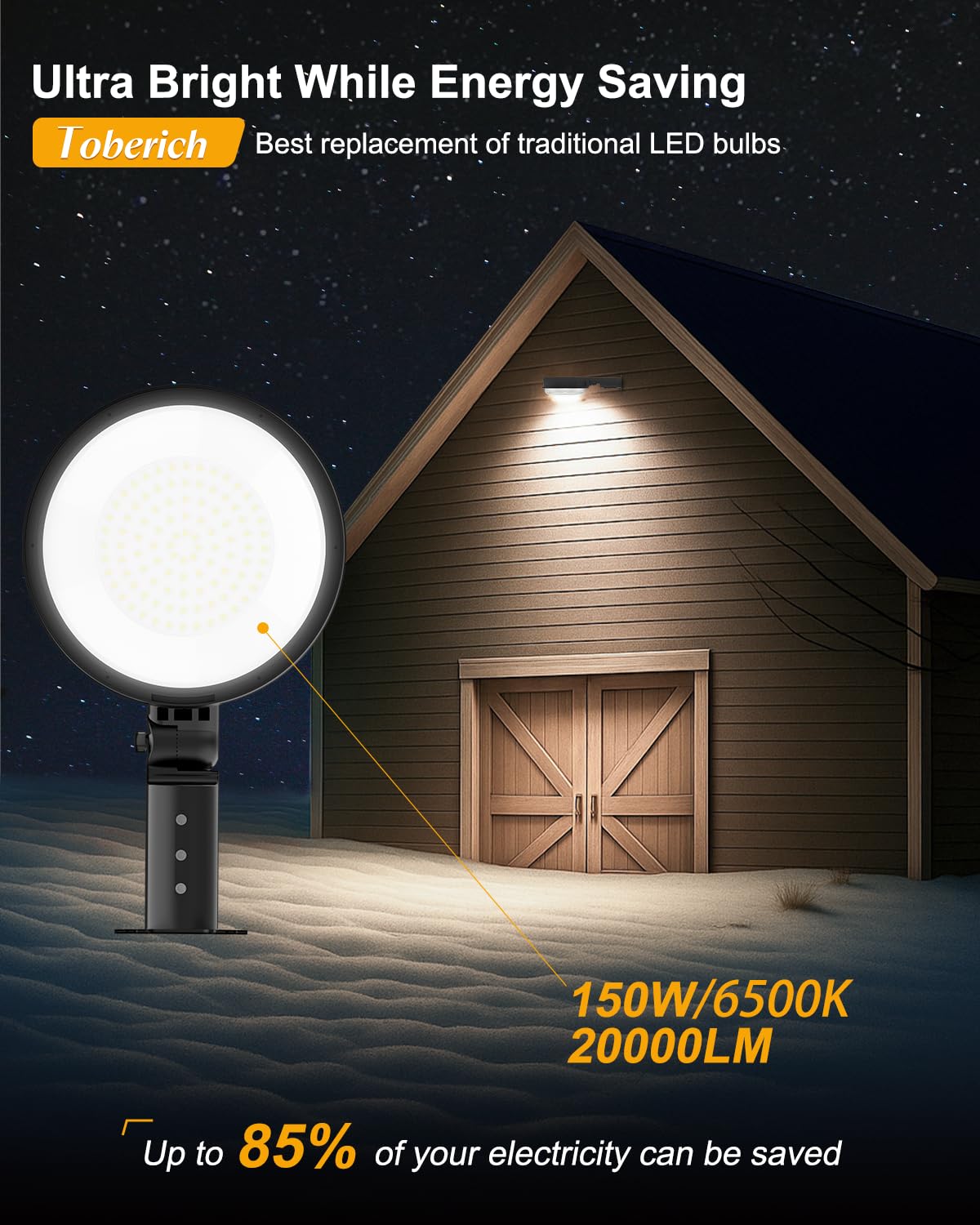 Toberich 6500K daylight brightness from the 2-pack for clear outdoor lighting.