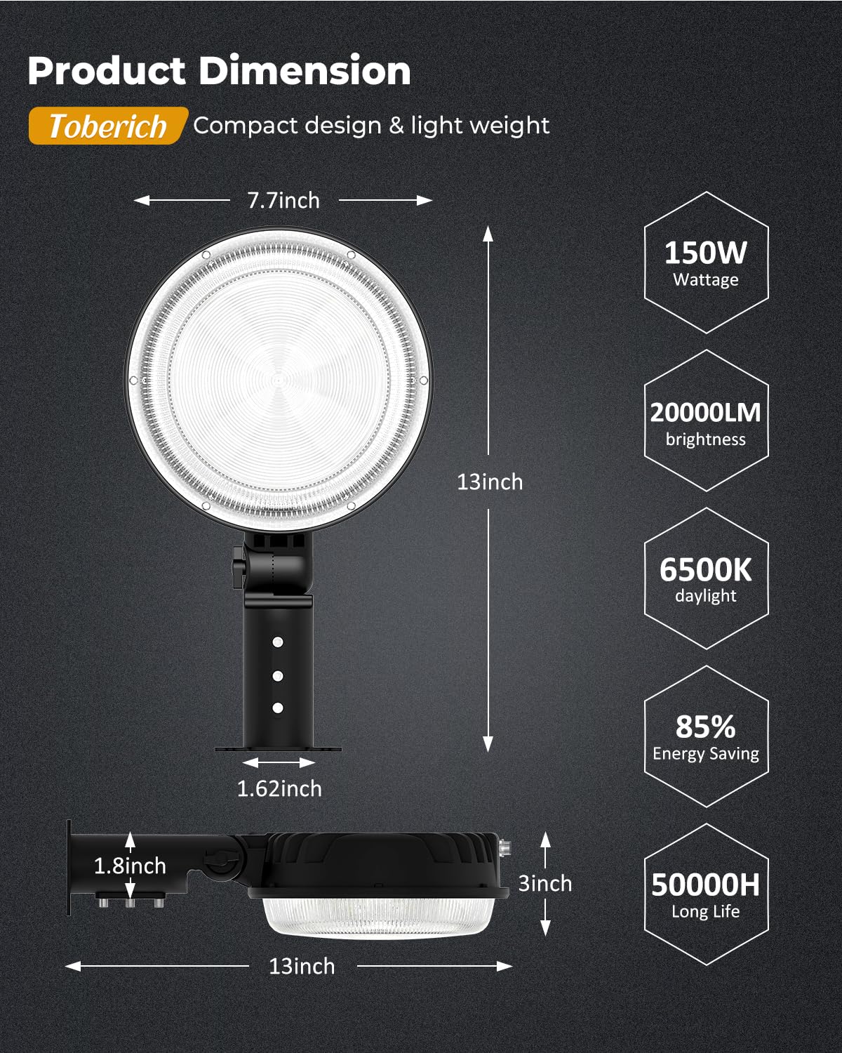 Toberich lighting example showing wide 100ft x 100ft coverage.
