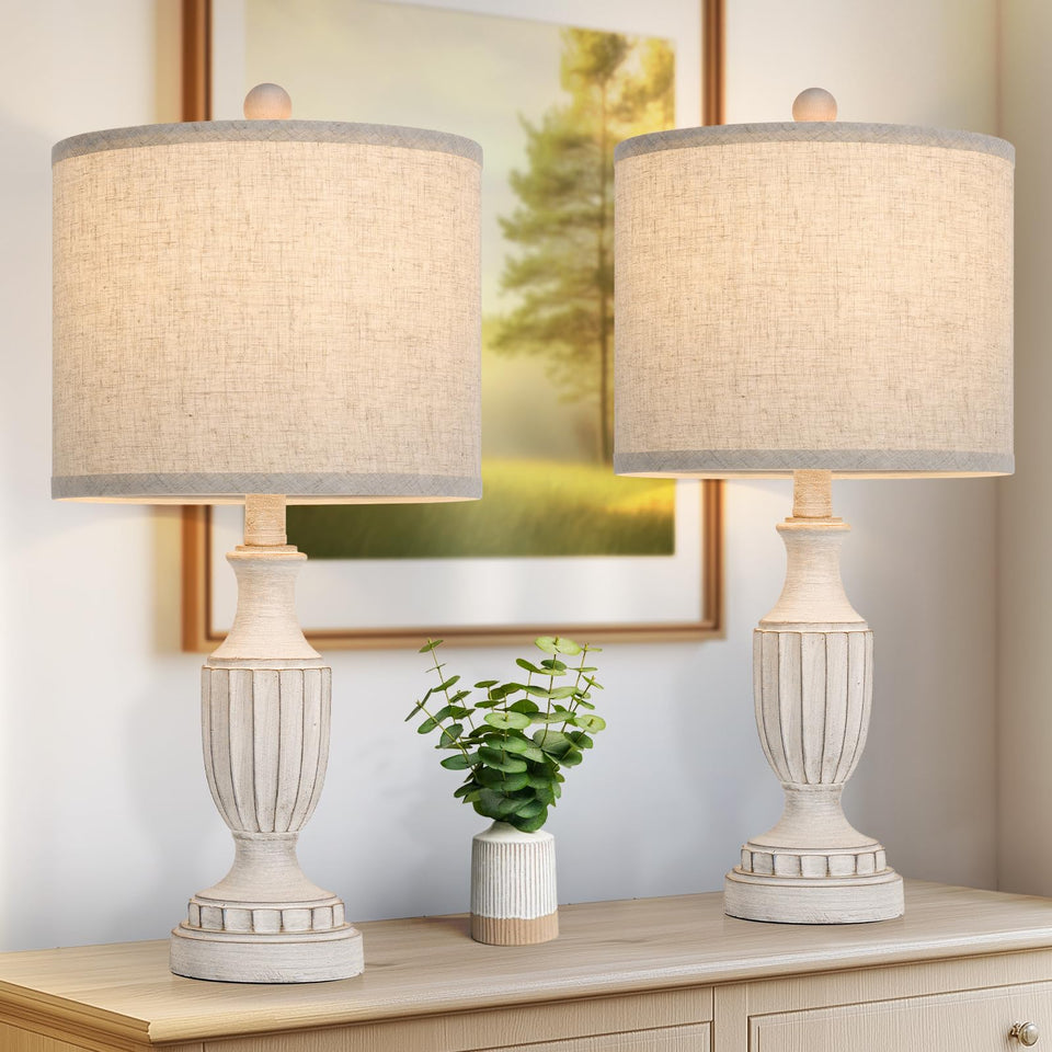 TOBUSA 22-inch farmhouse lamp base detail showcasing antique white resin craftsmanship