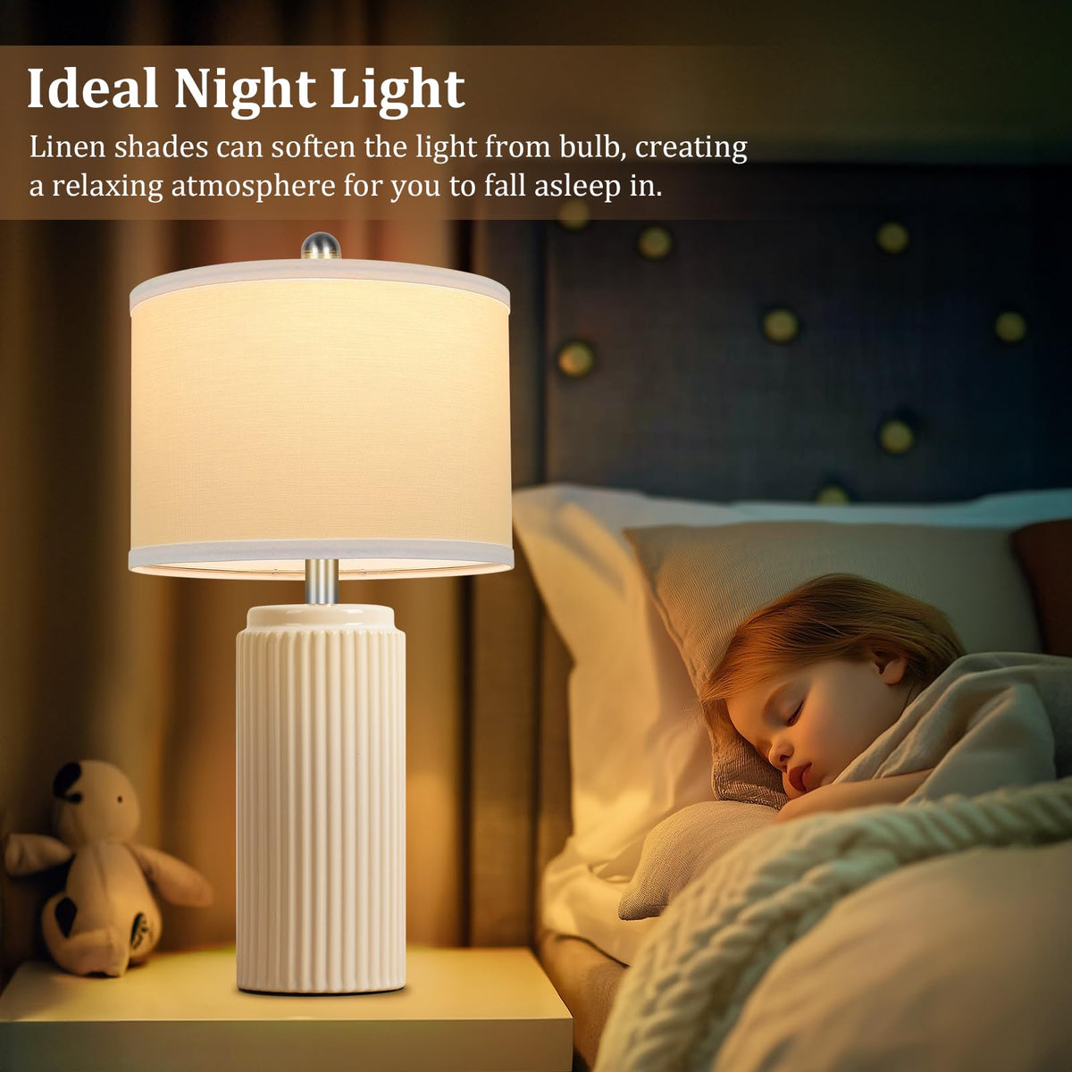 TOBUSA ceramic table lamp – cream vertical stripe adds vintage farmhouse charm.