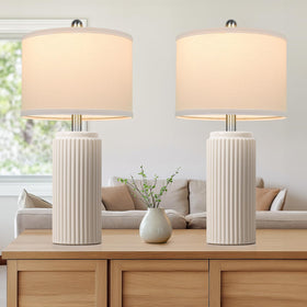 TOBUSA ceramic table lamp pair – base view highlighting cream finish and vertical stripe.