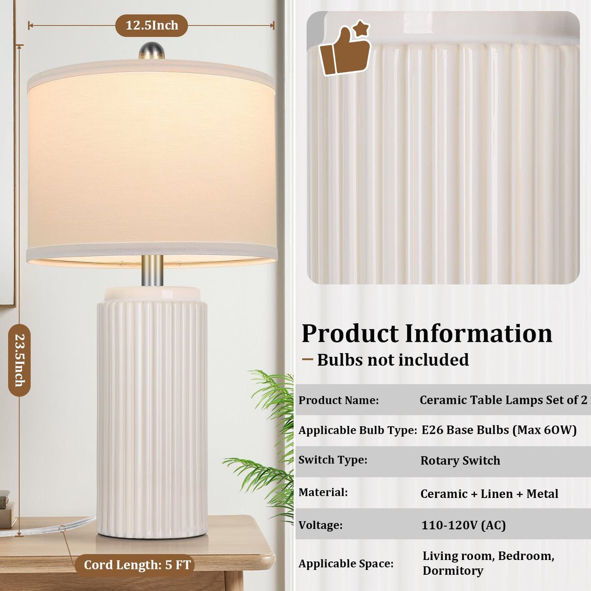 TOBUSA ceramic table lamp pair – shade focus showing natural white linen for soft light.