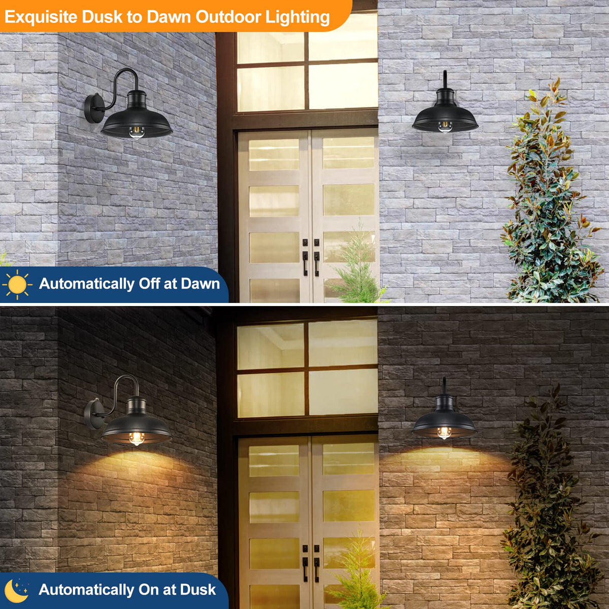 TOBUSA gooseneck barn light focus on front door with warm exterior glow