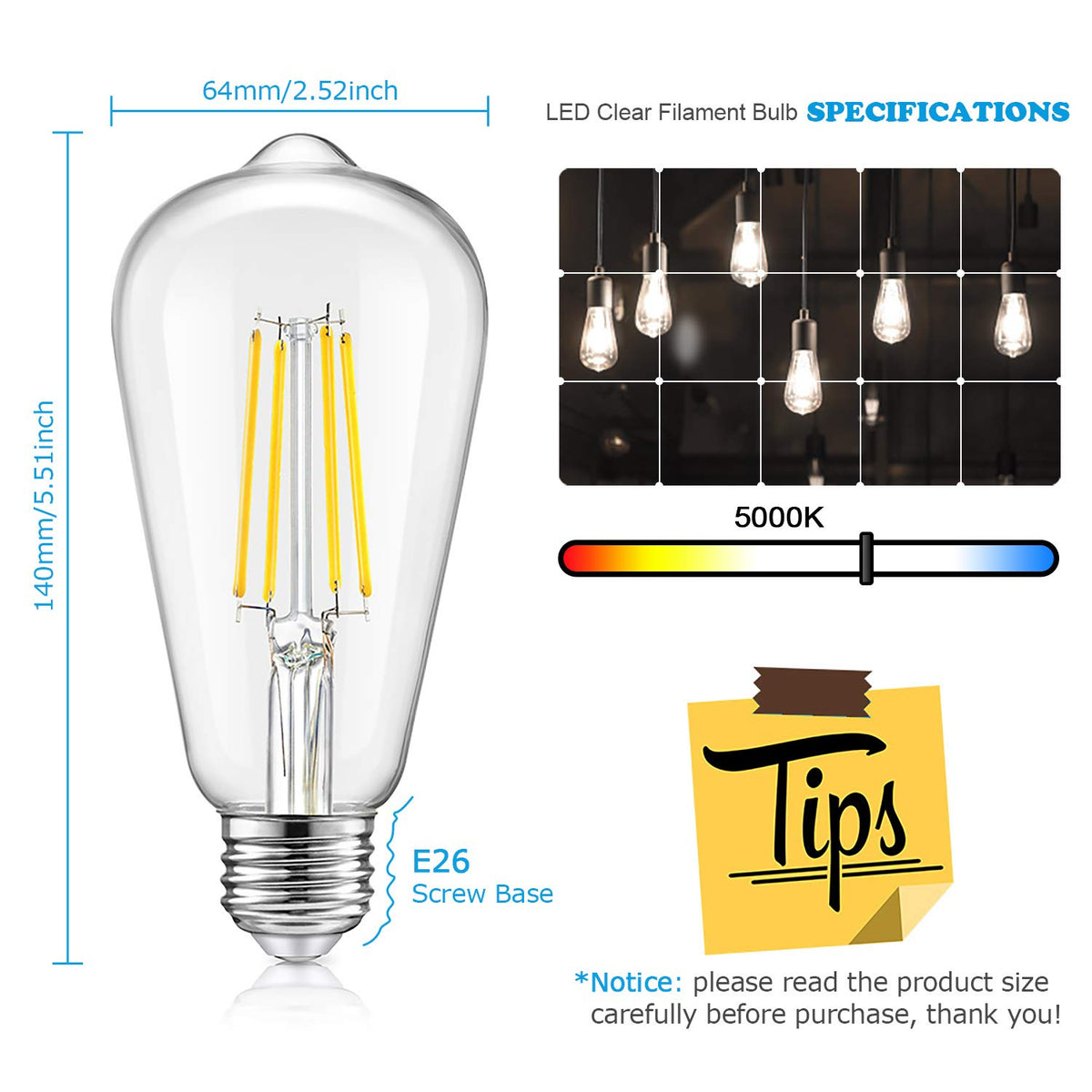 TOBUSA filament LED bulb with dimmable E26 base for energy saving