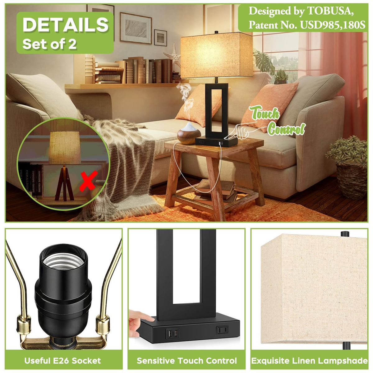 TOBUSA Set 2 included LED bulbs provide warm 2700K illumination.