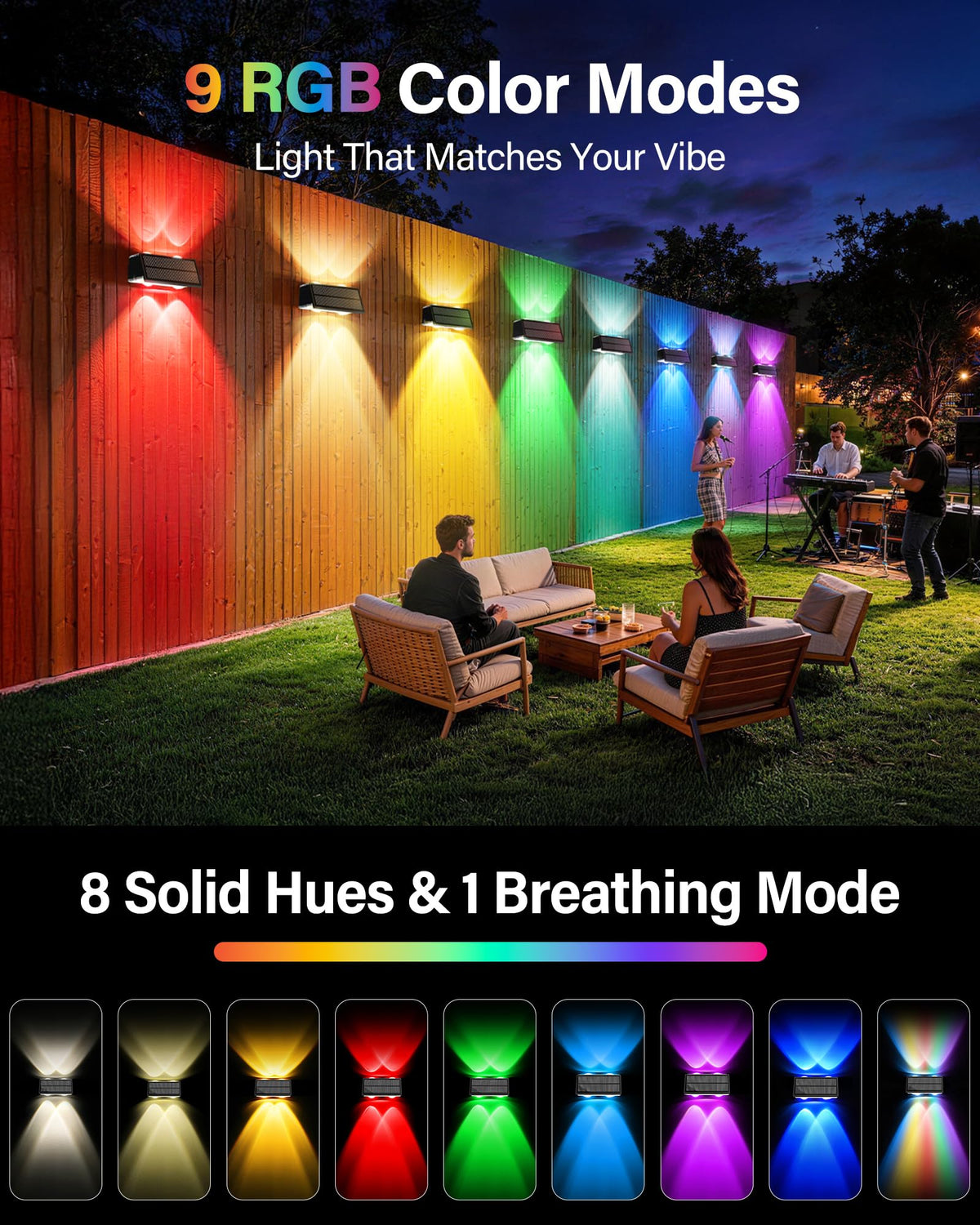 Toeuie solar fence light offers 9 color modes for varied mood lighting.