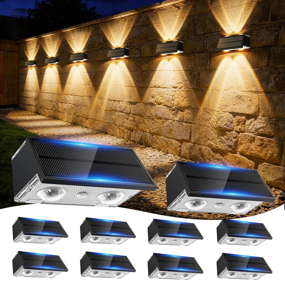 Toeuie solar fence light with upper-lens delivering a focused beam along the eave path