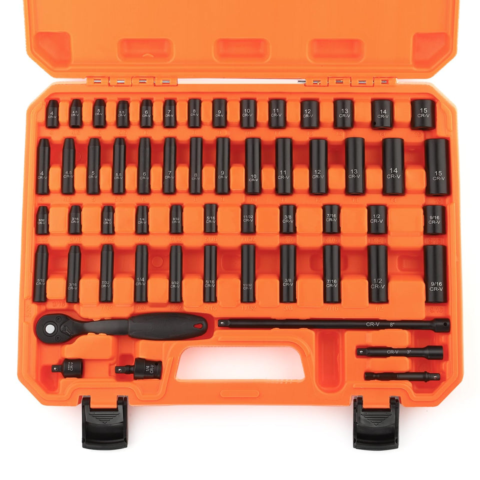 TOHOME 56-piece 1/4-inch drive impact socket set neatly stored in a durable red case