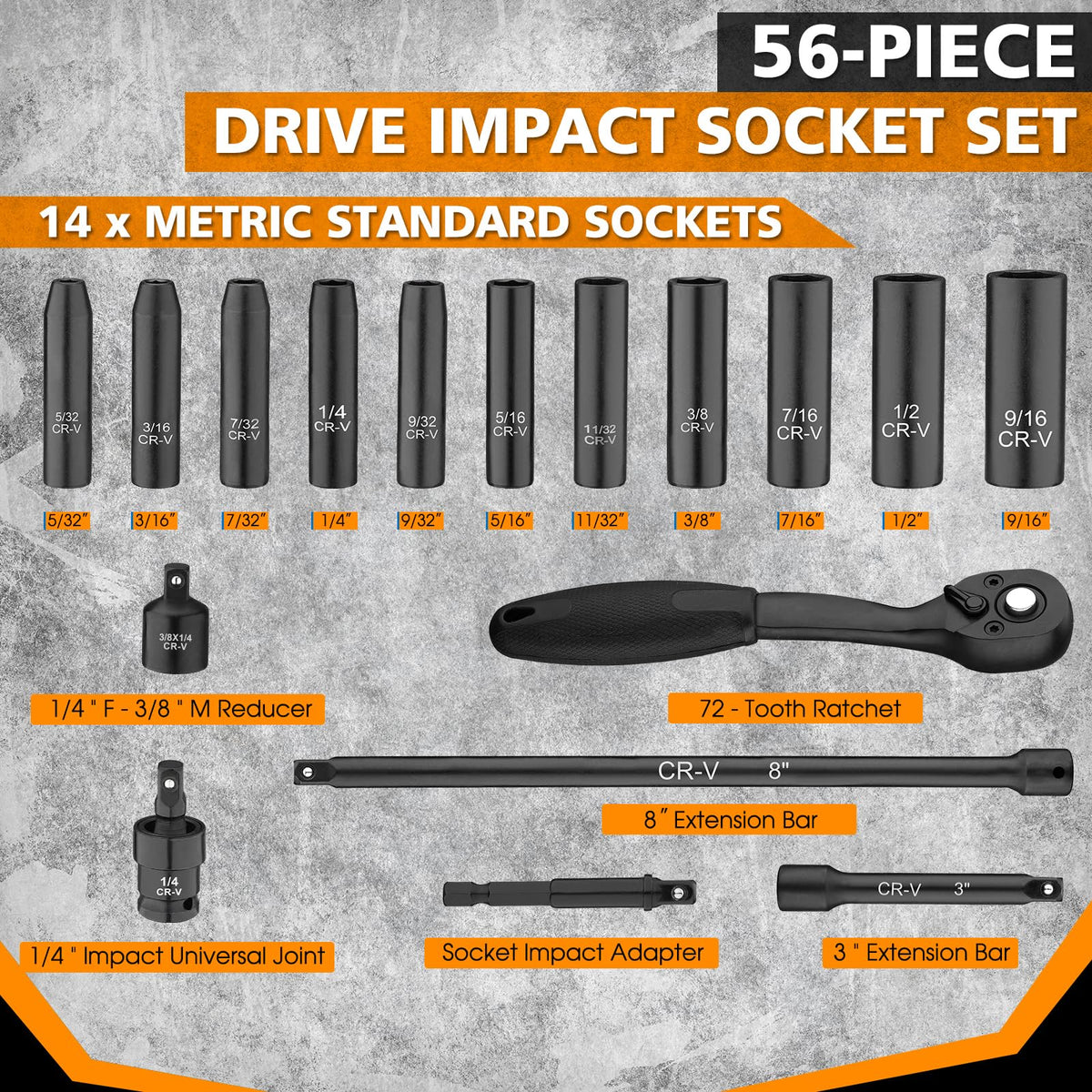 TOHOME chrome vanadium steel sockets with 60 HRC hardness for long lasting performance