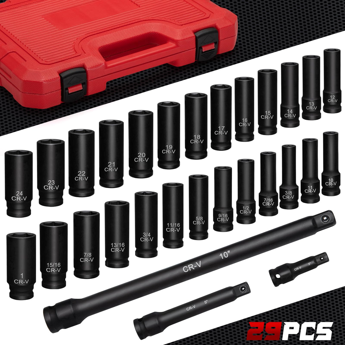 TOHOME chrome vanadium steel sockets with black phosphate finish for durability