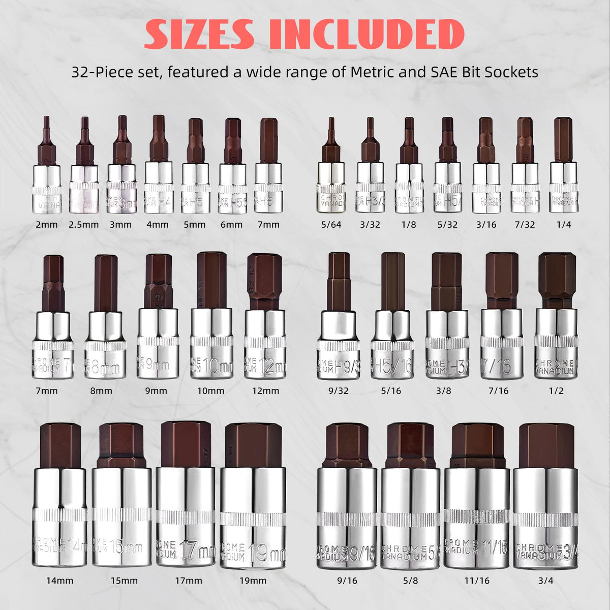 TOHOME Master hex bit socket set, 3/8-drive, 9 mm size, for sturdy assembly work.