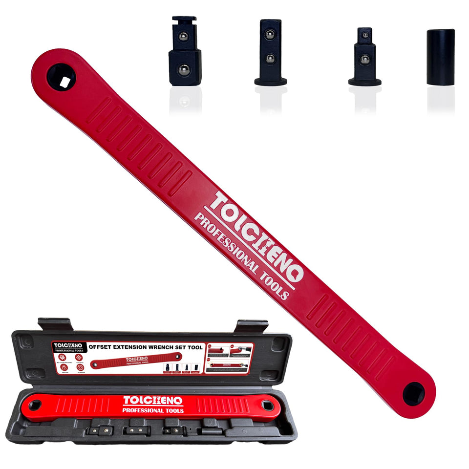 TOLCHENO offset extension wrench set in use for tight space automotive tasks.