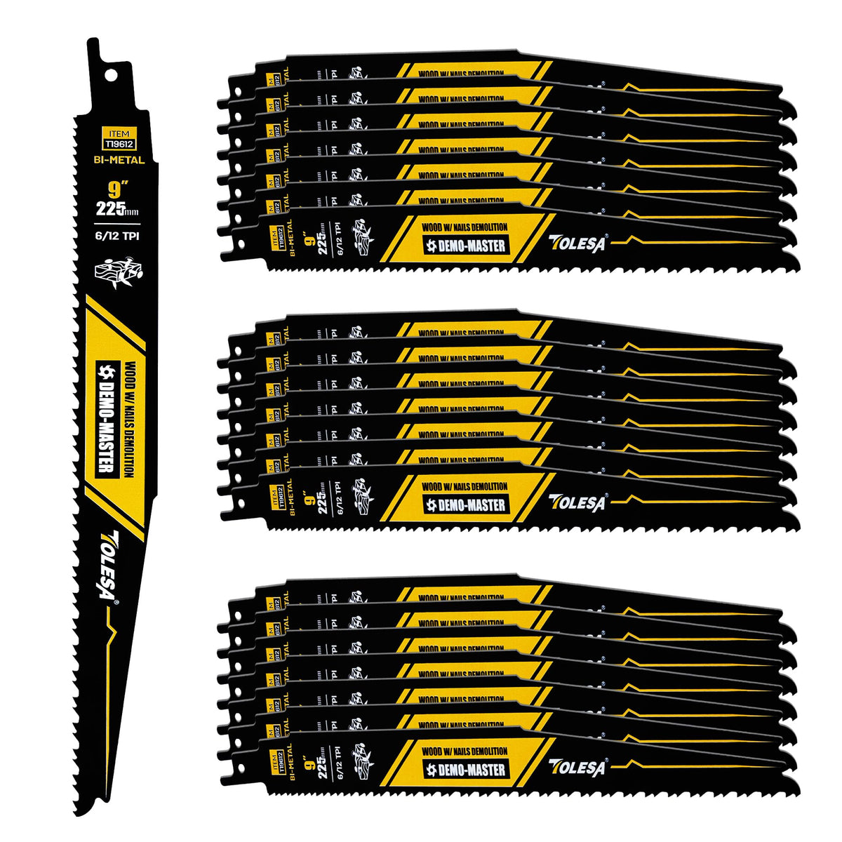 TOLESA 9-inch bi-metal blade cutting nail-embedded wood for smoother demolition work.