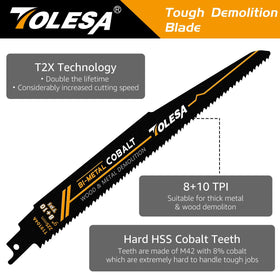 TOLESA bi-metal Sawzall blade with 8% cobalt teeth for durability.