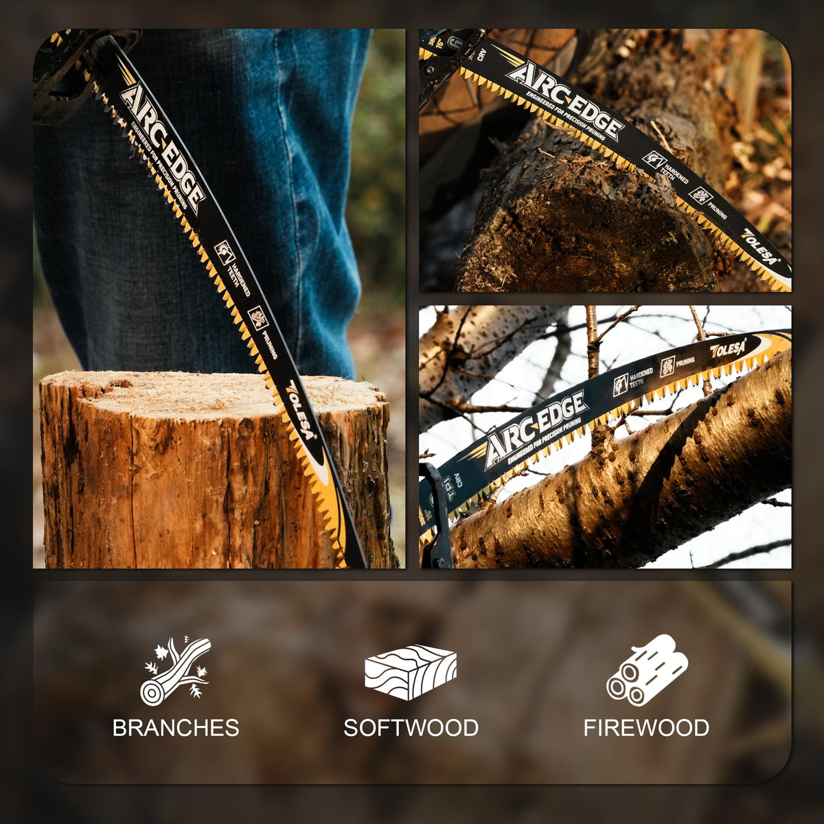 TOLESA blade handles branch trimming and firewood reliably