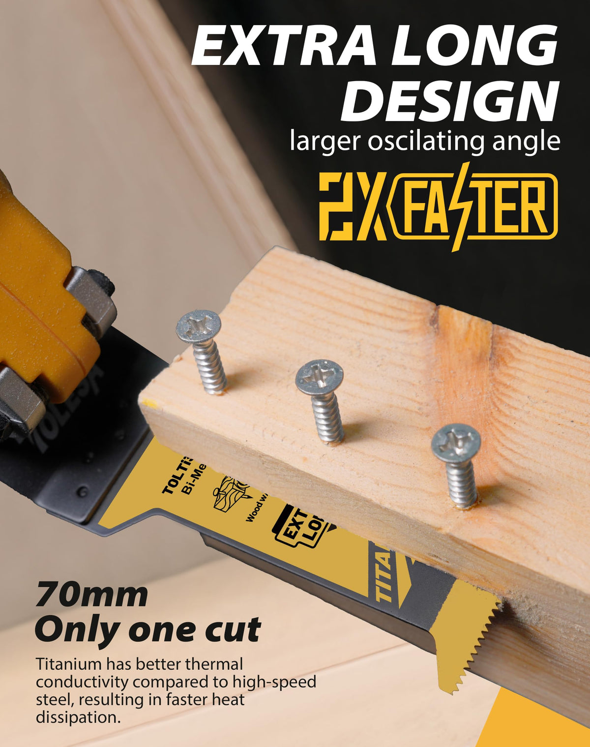 TOLESA blades cut metal, wood, nails, screws, and plastic